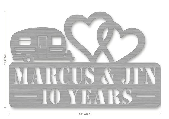 Example anniversary gift: metal sign reading Marcus & Jen, 10 Years