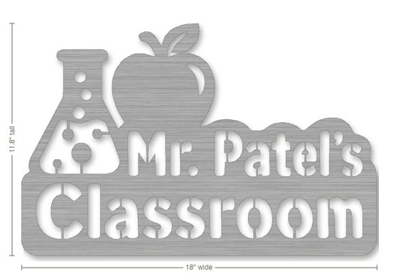 Example teacher gift: metal sign reading Mr. Patel's Classroom